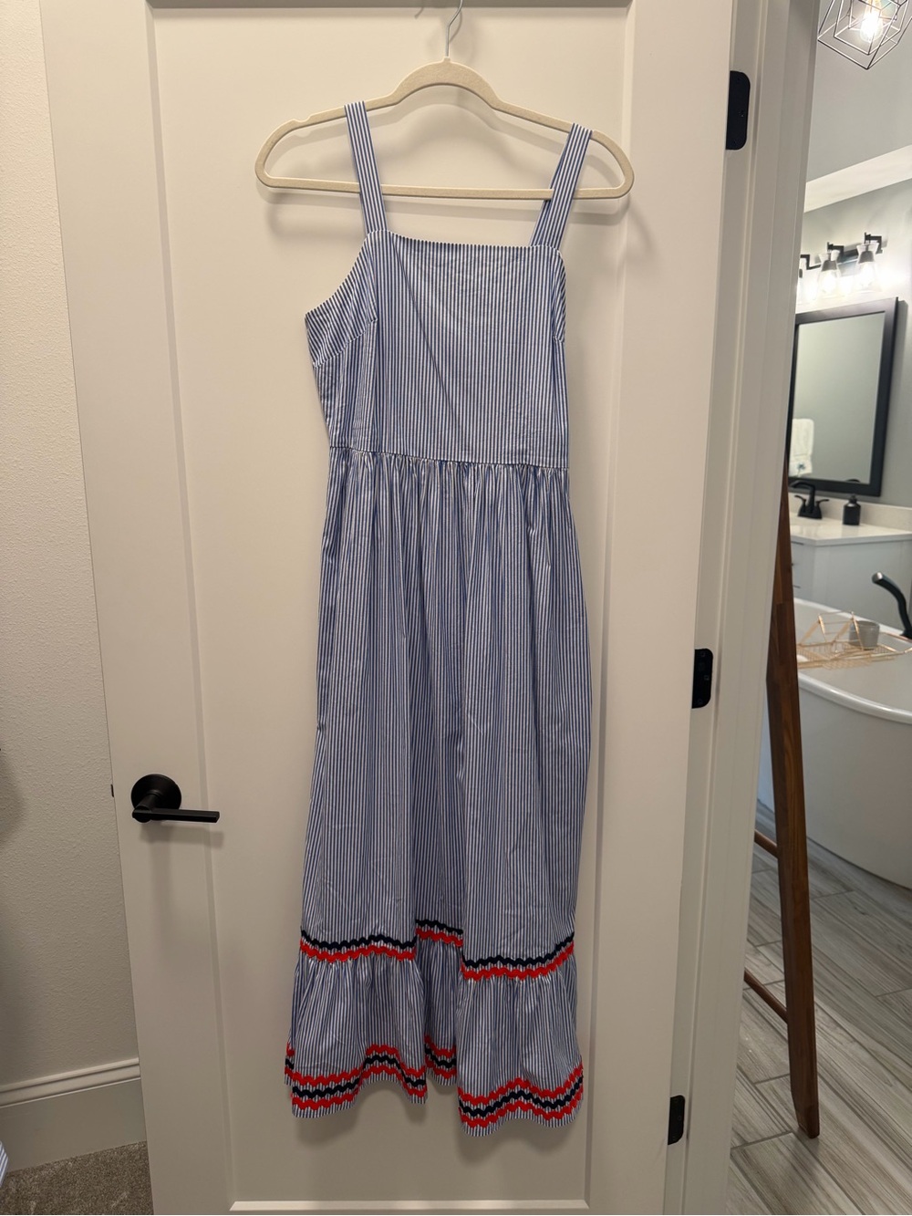 J. Crew Blue and White Striped Maxi Sundress with Red Accent 4